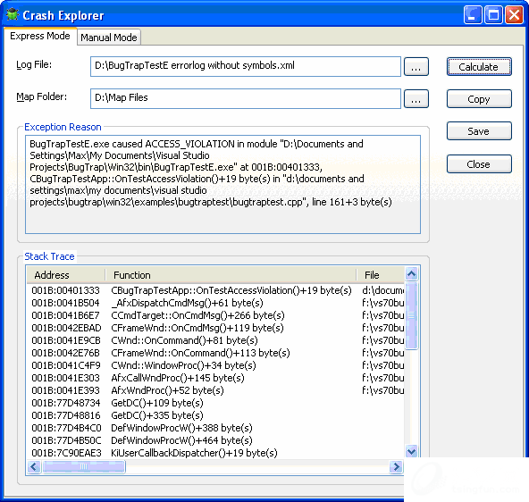 CrashExplorer restores function names and lines numbers from MAP or PDB file